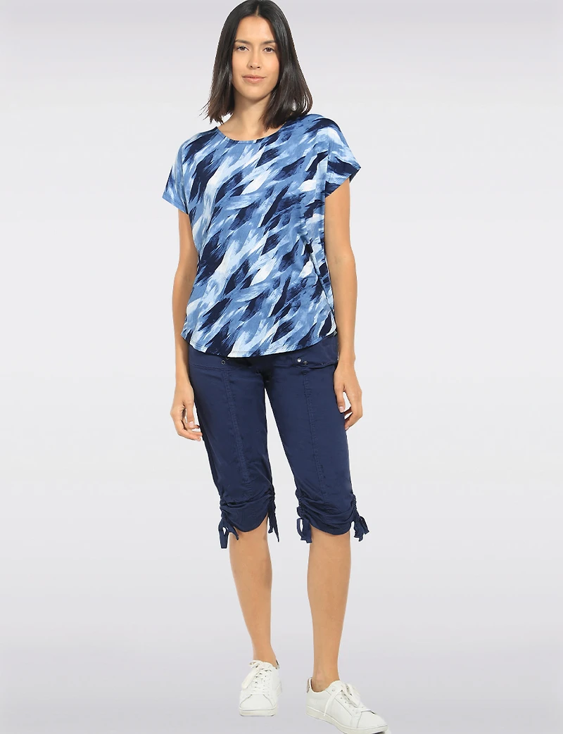 Lightweight Abstract Print Stretch Cap Sleeve Scoop Neck Tunic Top by Perle