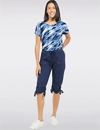Lightweight Abstract Print Stretch Cap Sleeve Scoop Neck Tunic Top by Perle