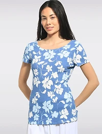 Slim Fit Short Sleeve Waffle Knit Scoop Round Neck Floral Print Top by Perle