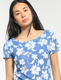 Slim Fit Short Sleeve Waffle Knit Scoop Round Neck Floral Print Top by Perle