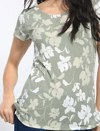 Slim Fit Short Sleeve Waffle Knit Scoop Round Neck Floral Print Top by Perle