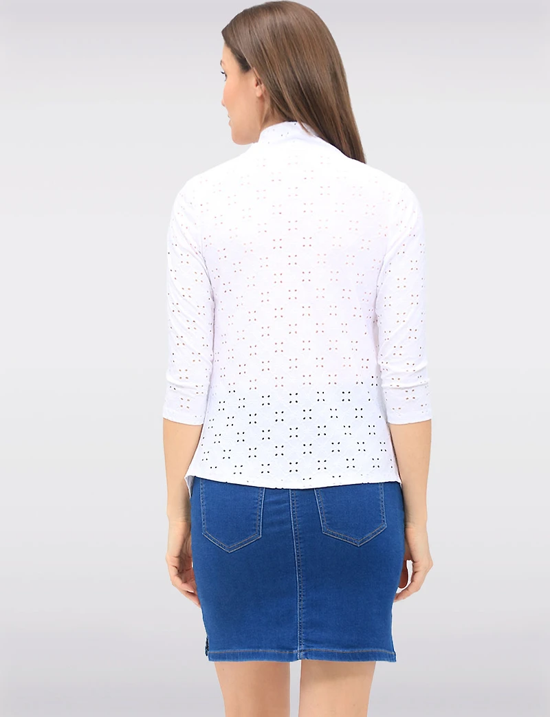 Perle Draped Open-Front Pointelle Knit Shrug - 3/4 Sleeve Cardigan White