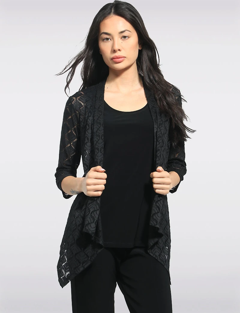 Crochet Pointelle Open-Front Lightweight 3/4 Sleeve Shrug with Pointed by Perle