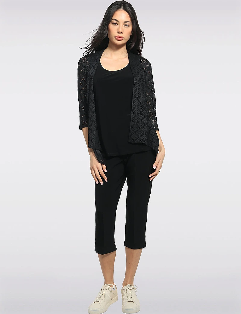 Crochet Pointelle Open-Front Lightweight 3/4 Sleeve Shrug with Pointed by Perle