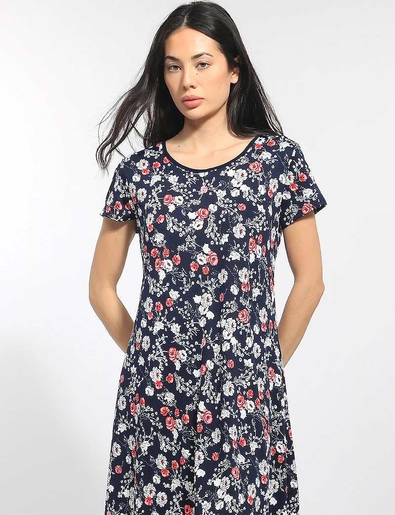 A-line Short Sleeve Floral Print Mid-length Stretchy Round Neck Dress by Perle