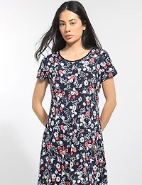 A-line Short Sleeve Floral Print Mid-length Stretchy Round Neck Dress by Perle