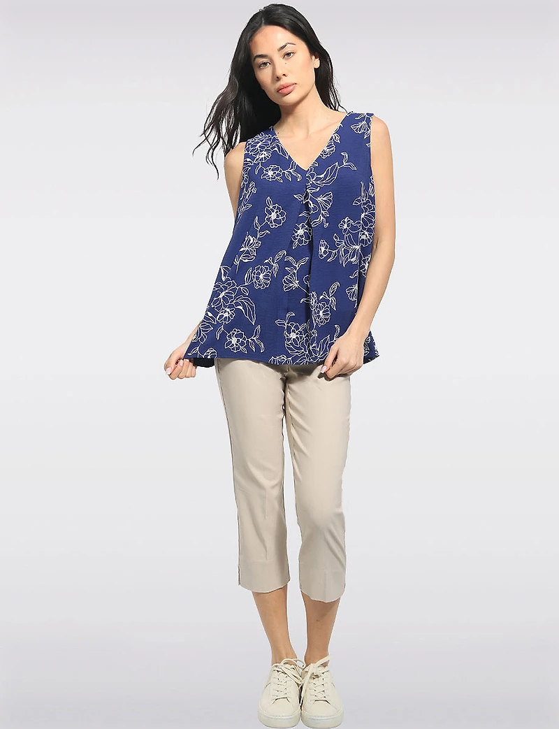 Sleeveless Textured Floral Pattern V-Neck Blouse with Front Pleat by Perle