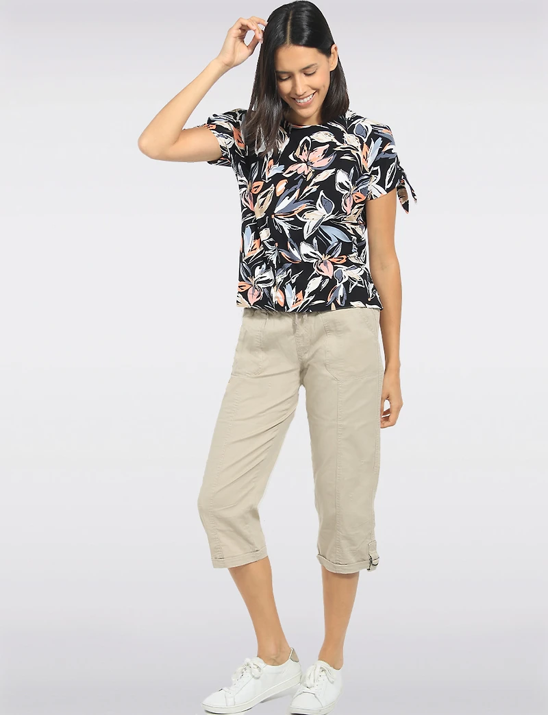Short Sleeve Cold Shoulder Tie Stretch Knit Floral Top by Perle