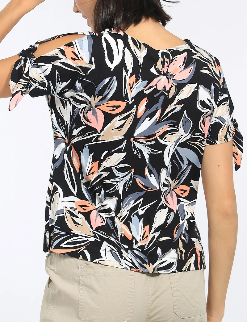 Short Sleeve Cold Shoulder Tie Stretch Knit Floral Top by Perle