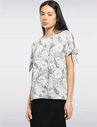 Cold Shoulder Short Sleeve Scoop Neck Stretch Printed Knit Top by Perle