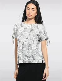 Cold Shoulder Short Sleeve Scoop Neck Stretch Printed Knit Top by Perle