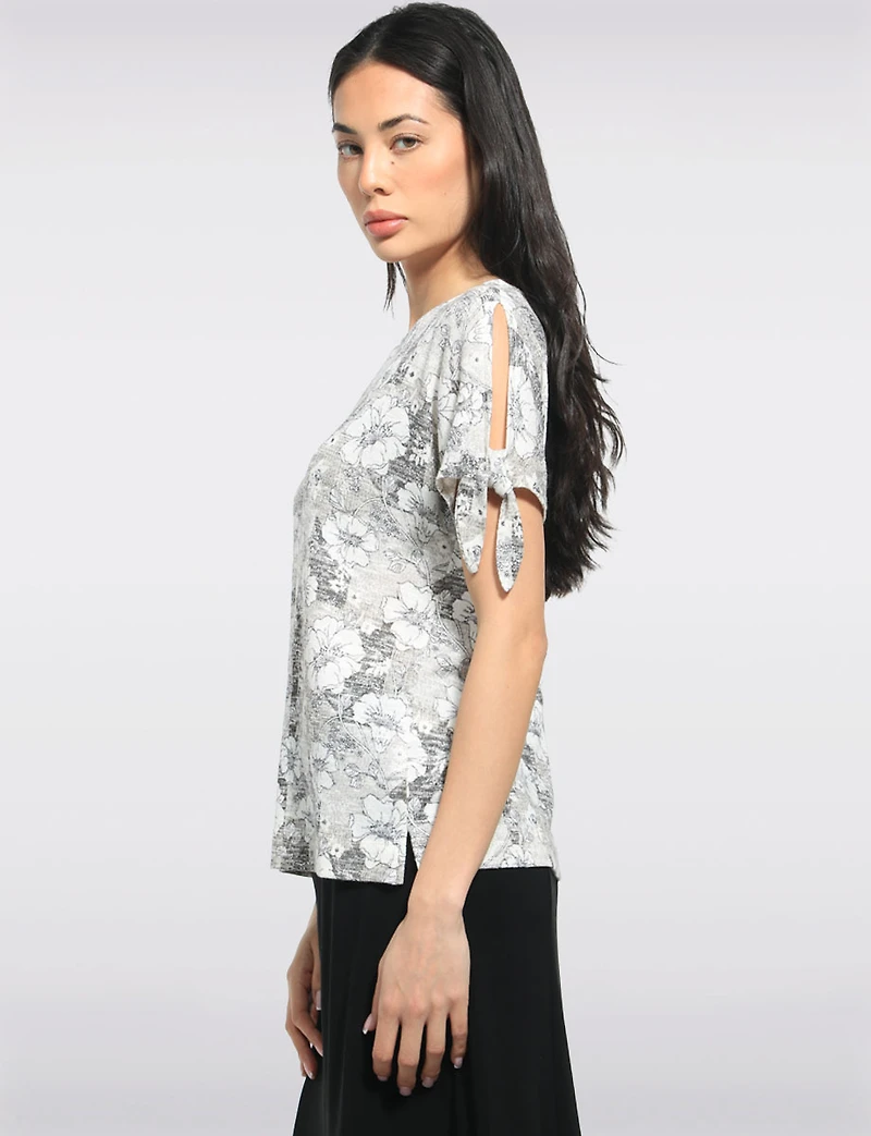 Cold Shoulder Short Sleeve Scoop Neck Stretch Printed Knit Top by Perle