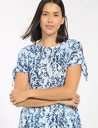 Cold Shoulder Short Sleeve Scoop Neck Stretch Printed Knit Top by Perle