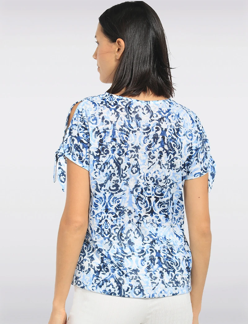 Cold Shoulder Short Sleeve Scoop Neck Stretch Printed Knit Top by Perle