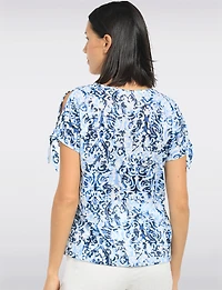 Cold Shoulder Short Sleeve Scoop Neck Stretch Printed Knit Top by Perle