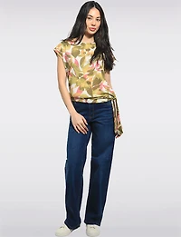 Tropical Foliage Print Side Tie Asymmetric Hem Cap Sleeve Top by Perle