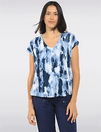 Abstract Watercolor Tie-Dye Print Cap Sleeve V-Neck Blouse by Perle