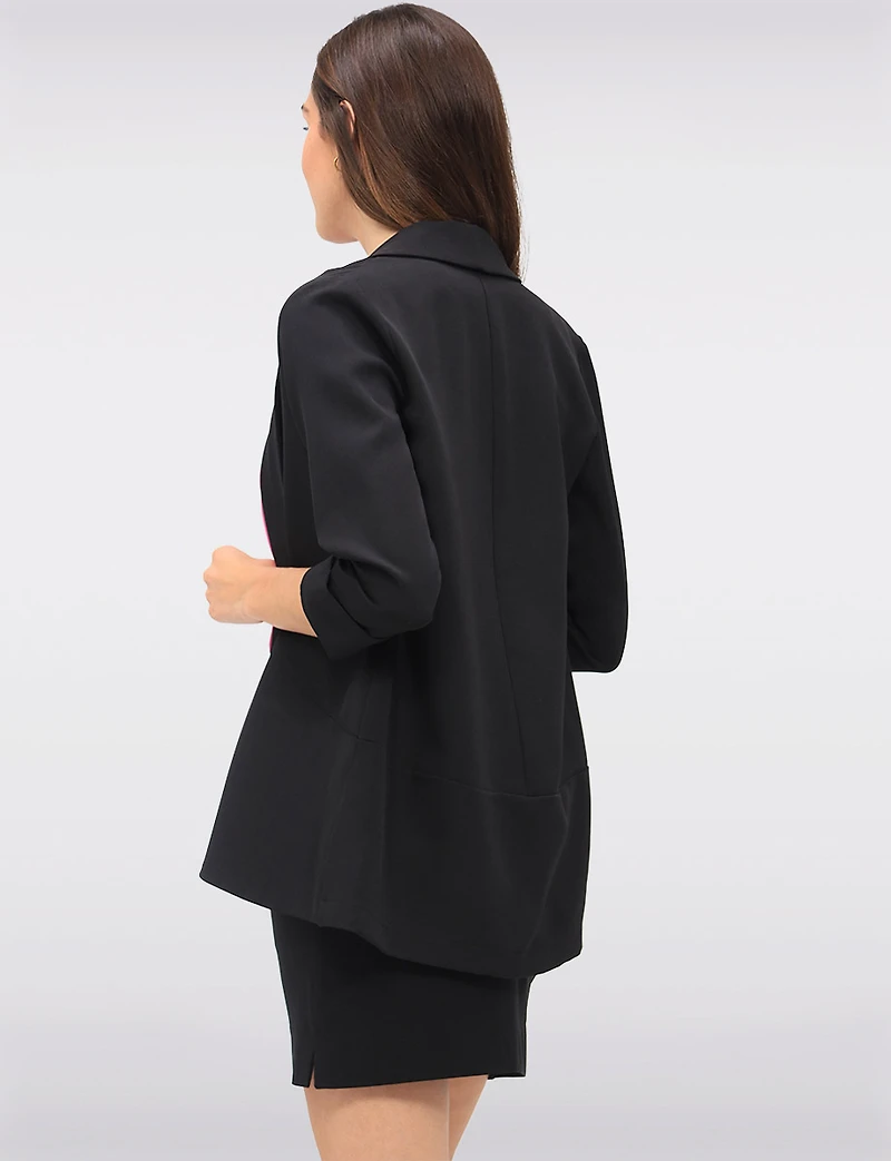 Sleek Stretchy Rounded Hem Blazer With 3/4 Sleeves and Shawl Collar By Perle