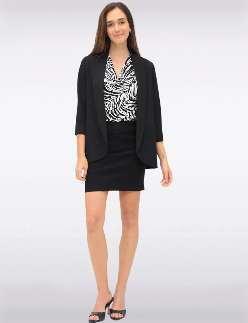 Sleek Stretchy Rounded Hem Blazer With 3/4 Sleeves and Shawl Collar By Perle