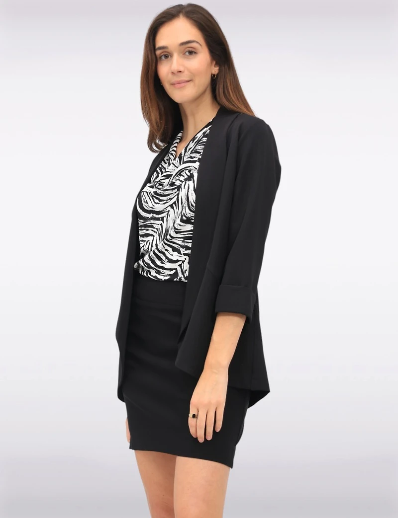 Sleek Stretchy Rounded Hem Blazer With 3/4 Sleeves and Shawl Collar By Perle