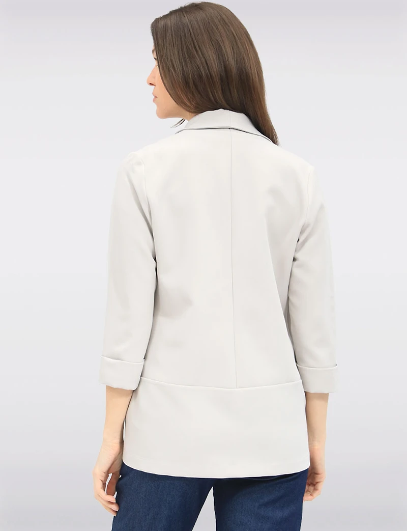 Sleek Stretchy Rounded Hem Blazer With 3/4 Sleeves and Shawl Collar By Perle