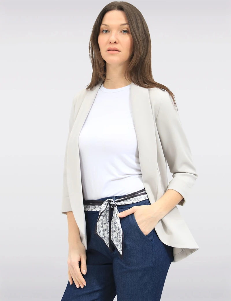 Sleek Stretchy Rounded Hem Blazer With 3/4 Sleeves and Shawl Collar By Perle
