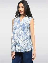 A-line Sleeveless Tropical Leaf Print V-neck Top With Front Pleat by Perle