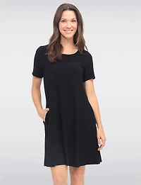 Wrinkle-Free Solid A-Line Dress with Short Sleeves & Hidden Side Pockets - Perle