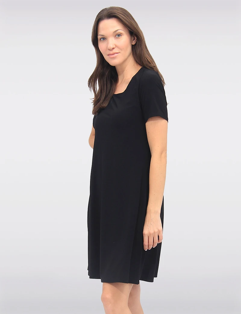 Wrinkle-Free Solid A-Line Dress with Short Sleeves & Hidden Side Pockets - Perle
