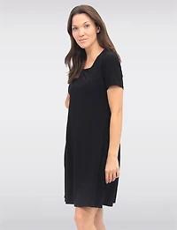 Wrinkle-Free Solid A-Line Dress with Short Sleeves & Hidden Side Pockets - Perle