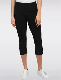 Lightweight Stretch Mid-Rise Pull-On Capris with Button Side Slits by Perle