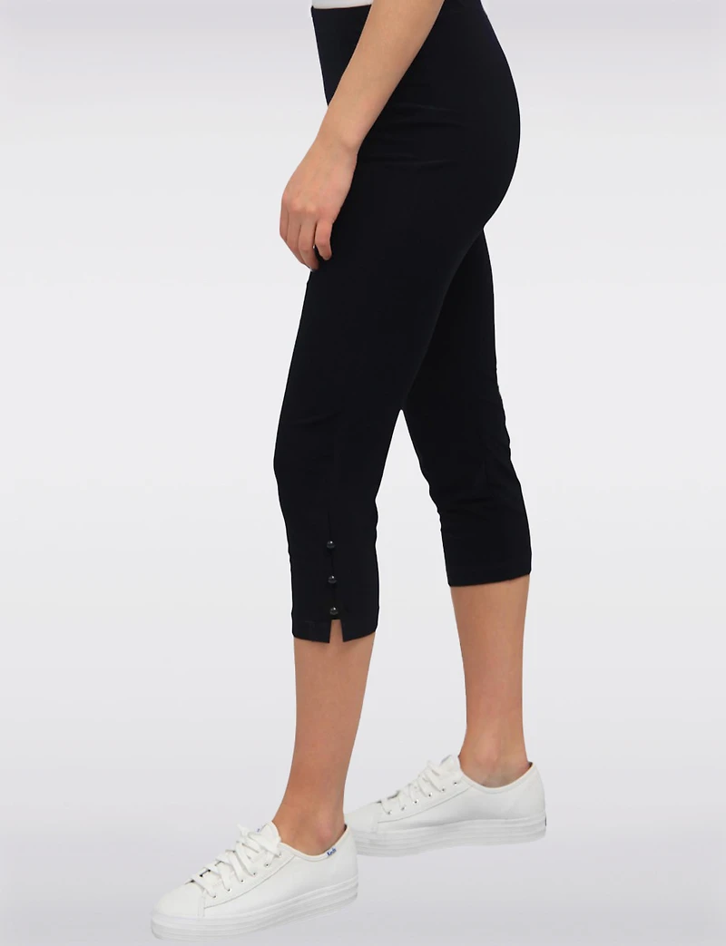 Lightweight Stretch Mid-Rise Pull-On Capris with Button Side Slits by Perle