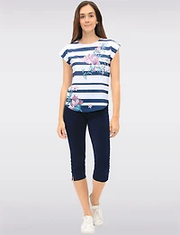 Stretchy Pull-On Capri Leggings with Button Side Slits by Perle