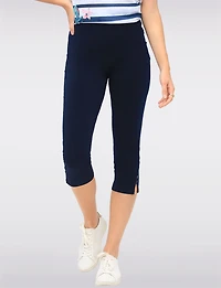 Stretchy Pull-On Capri Leggings with Button Side Slits by Perle