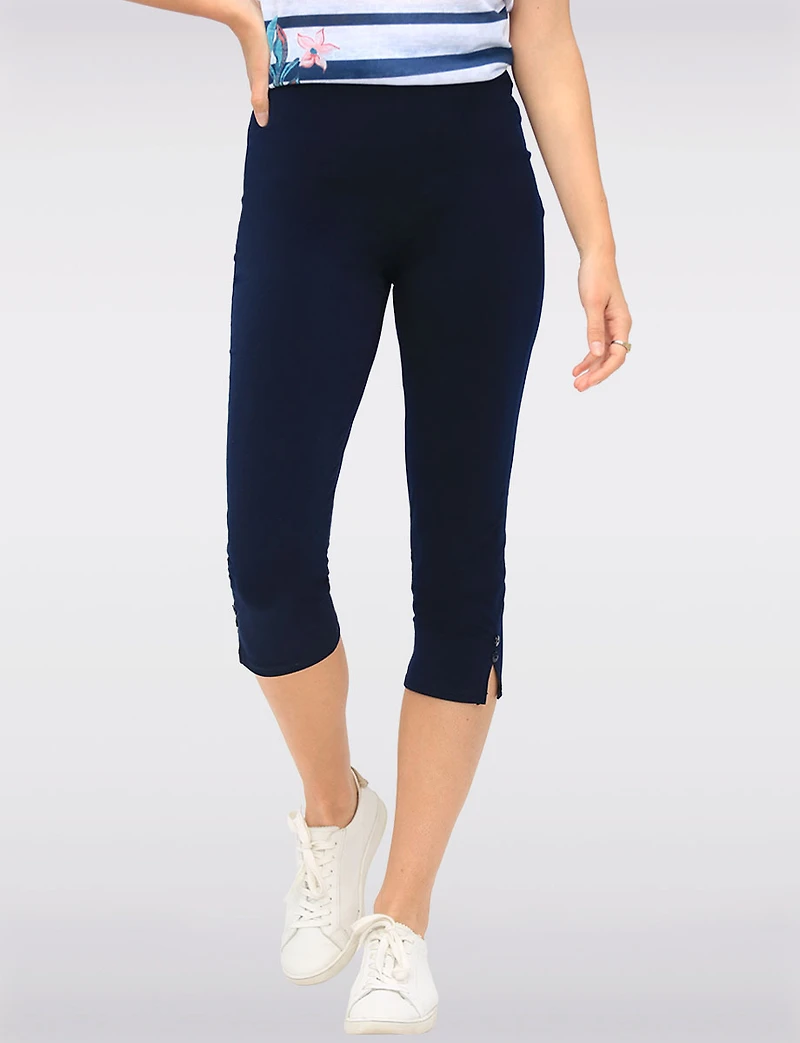 Stretchy Pull-On Capri Leggings with Button Side Slits by Perle