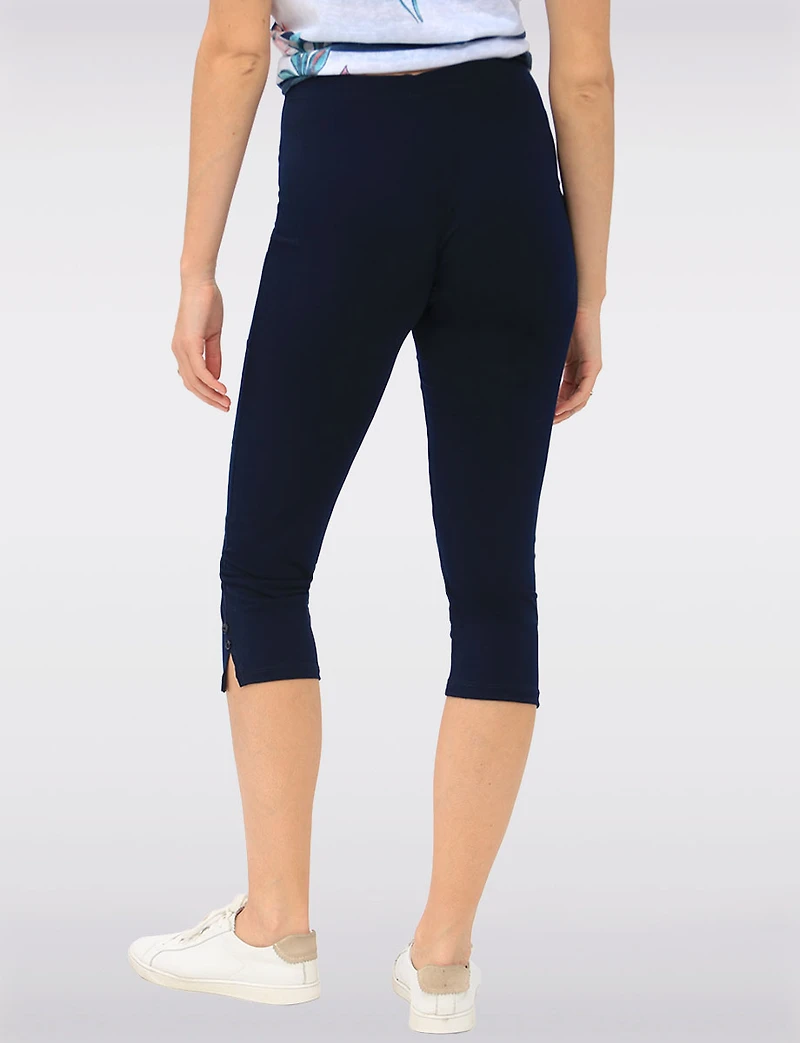 Stretchy Pull-On Capri Leggings with Button Side Slits by Perle