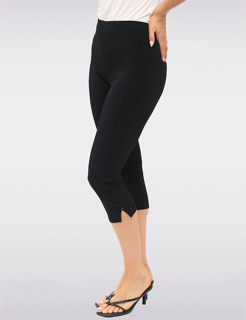 Stretchy Pull-On Capri Leggings with Button Side Slits by Perle