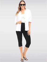 Stretchy Pull-On Capri Leggings with Button Side Slits by Perle