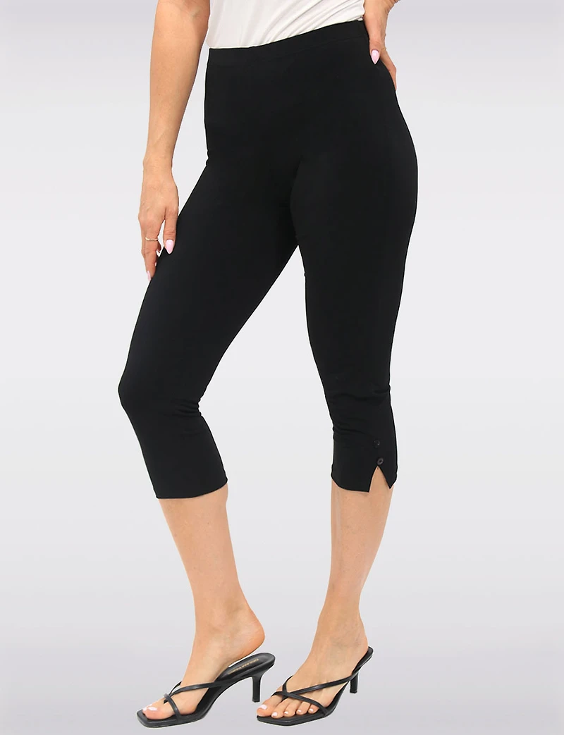 Stretchy Pull-On Capri Leggings with Button Side Slits by Perle