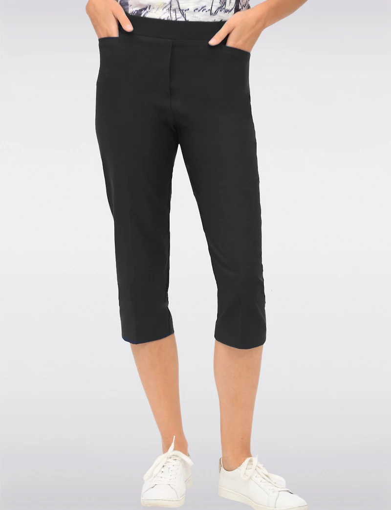 High Rise Pull-On Capris with Two Front Square Pockets by Perle