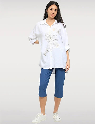 High Rise Pull-On Capris with Two Front Square Pockets by Perle