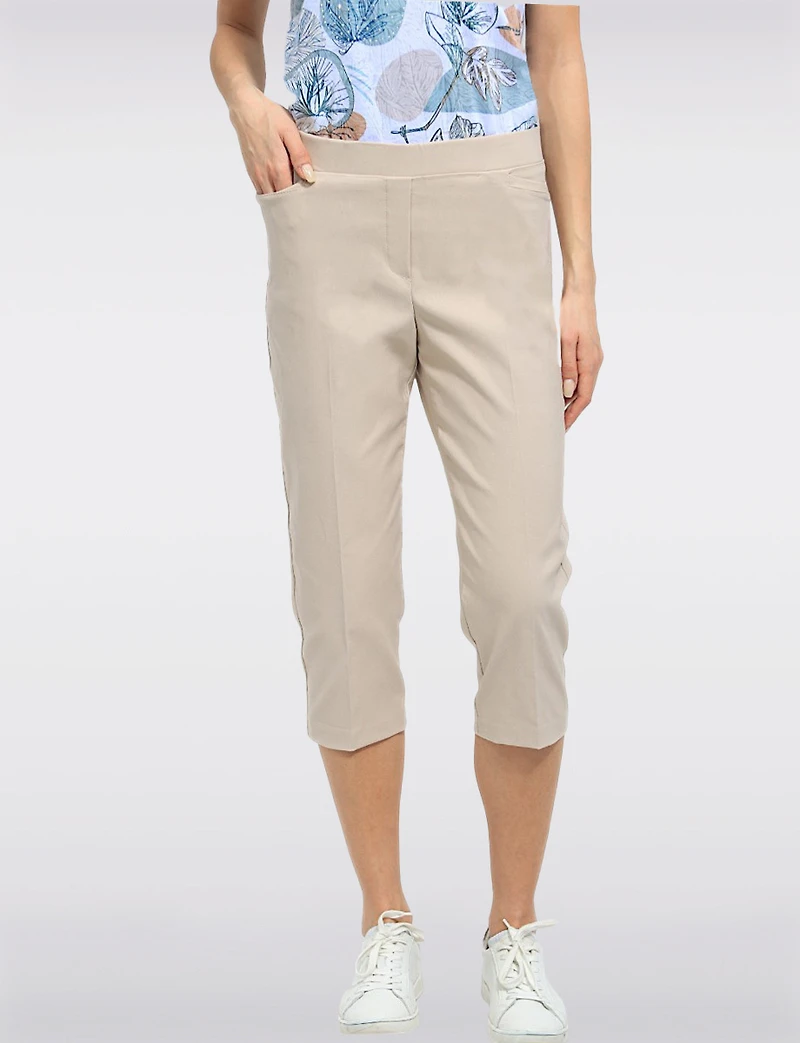 High Rise Pull-On Capris with Two Front Square Pockets by Perle