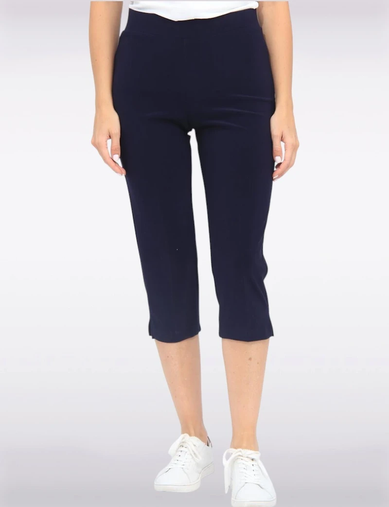 Stretch Capris with Side Slit and Wide Waistband by Perle
