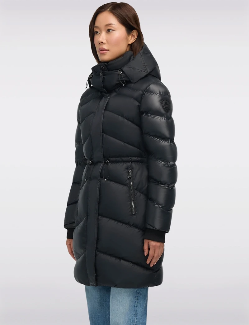 Mid-length Chevron Quilted Hooded Jacket with Elastic Drawstring Waist by Pajar