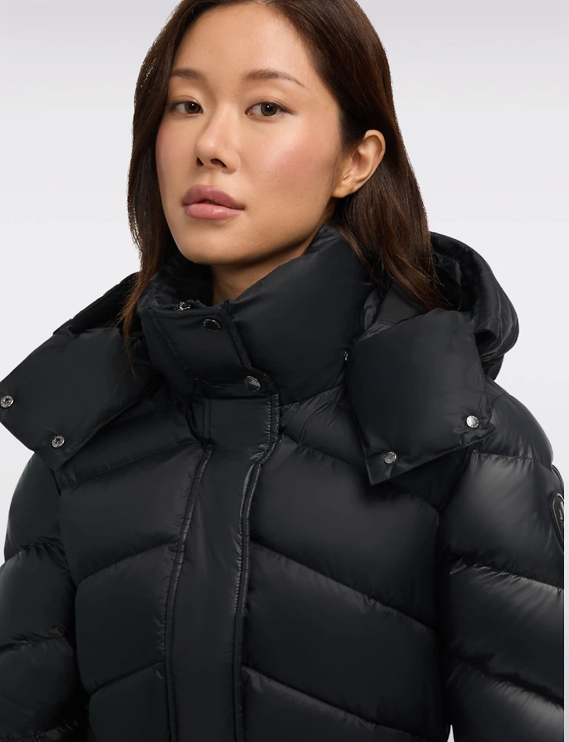 Mid-length Chevron Quilted Hooded Jacket with Elastic Drawstring Waist by Pajar