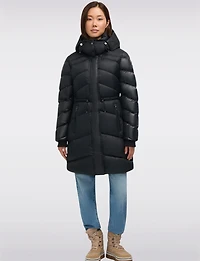 Mid-length Chevron Quilted Hooded Jacket with Elastic Drawstring Waist by Pajar