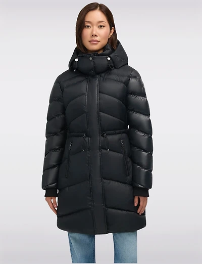 Mid-length Chevron Quilted Hooded Jacket with Elastic Drawstring Waist by Pajar