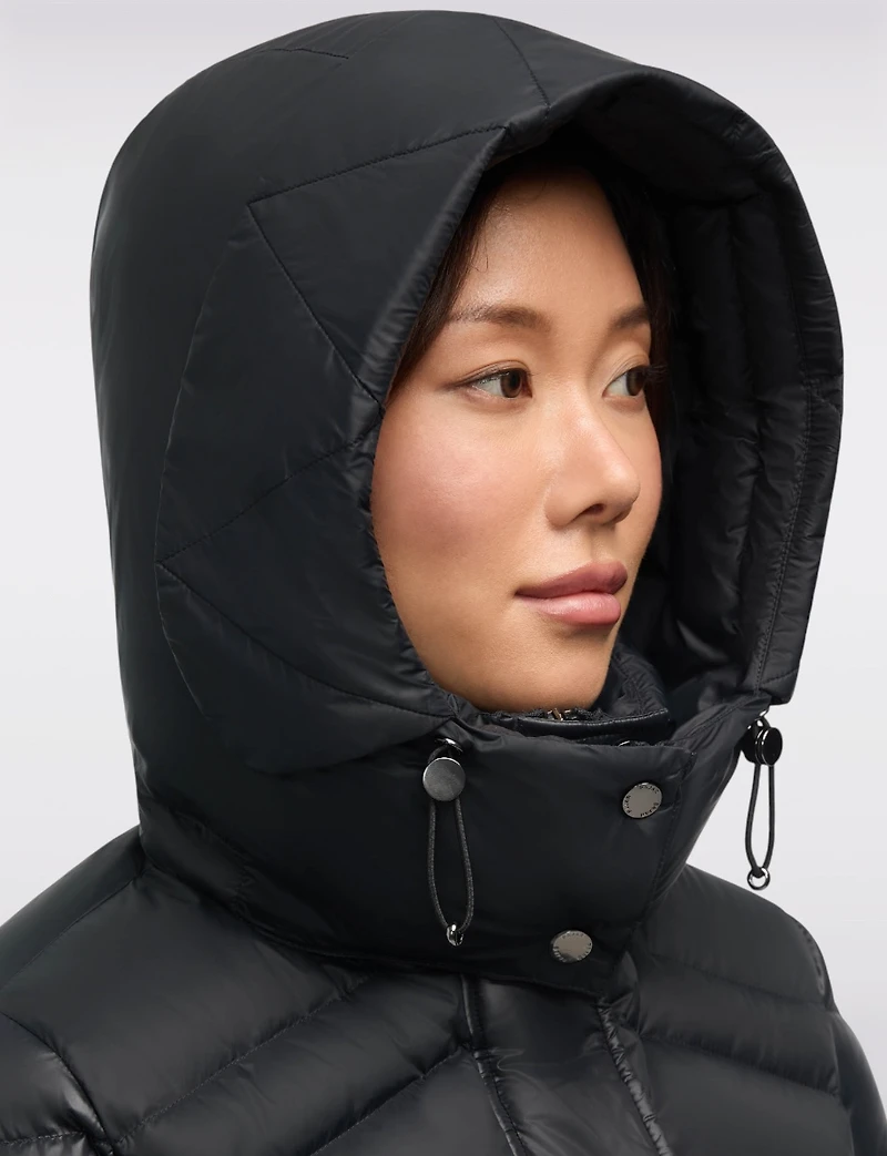 Mid-length Chevron Quilted Hooded Jacket with Elastic Drawstring Waist by Pajar