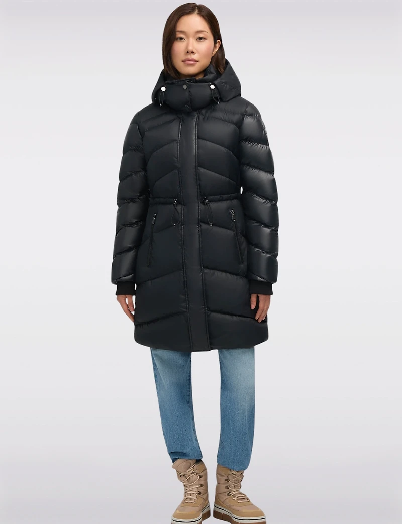 Mid-length Chevron Quilted Hooded Jacket with Elastic Drawstring Waist by Pajar