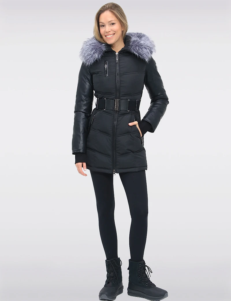 Vegan Leather Eco-Down Puffer Coat   with Detachable LFaux Fur Trim by Sicily